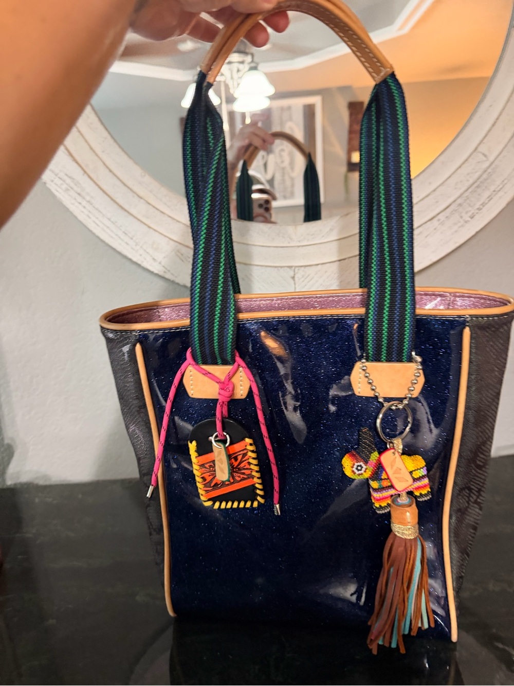 Consuela Glittery Navy Patent Chica Tote Bag with Multicolor Accents - Picture 1 of 8